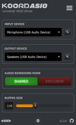 The KoordASIO Control window: input and output device selectors, a Shared/Exclusive rendering mode switch, and a buffer size slider.